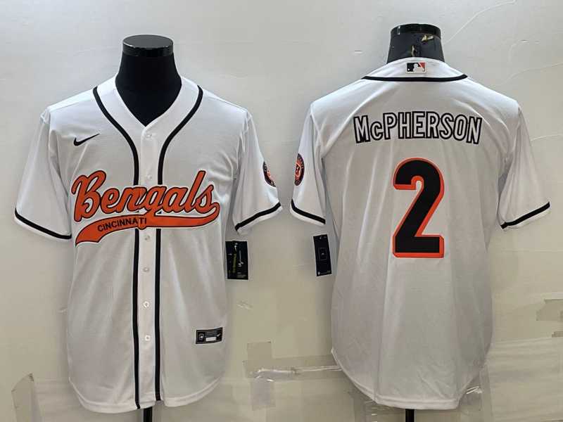 Mens Cincinnati Bengals #2 Evan McPherson White With Patch Cool Base Stitched Baseball Jersey